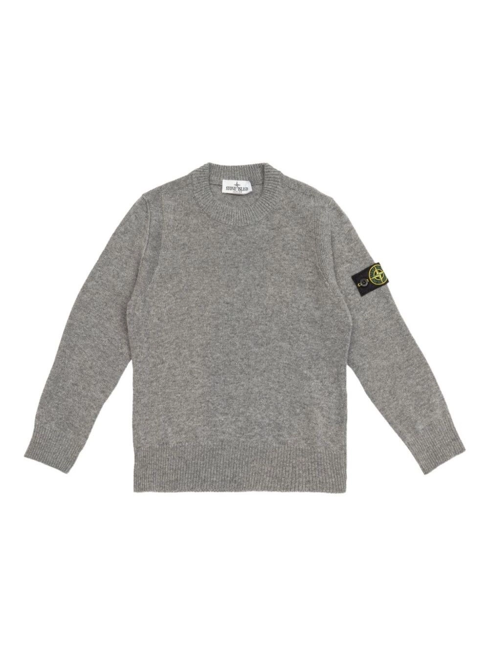 Stone island kids Maglione Girocollo con Patch Logo sulla Manica e RIfiniture a Coste in Misto Lana e Cashmere Grigio Bambino