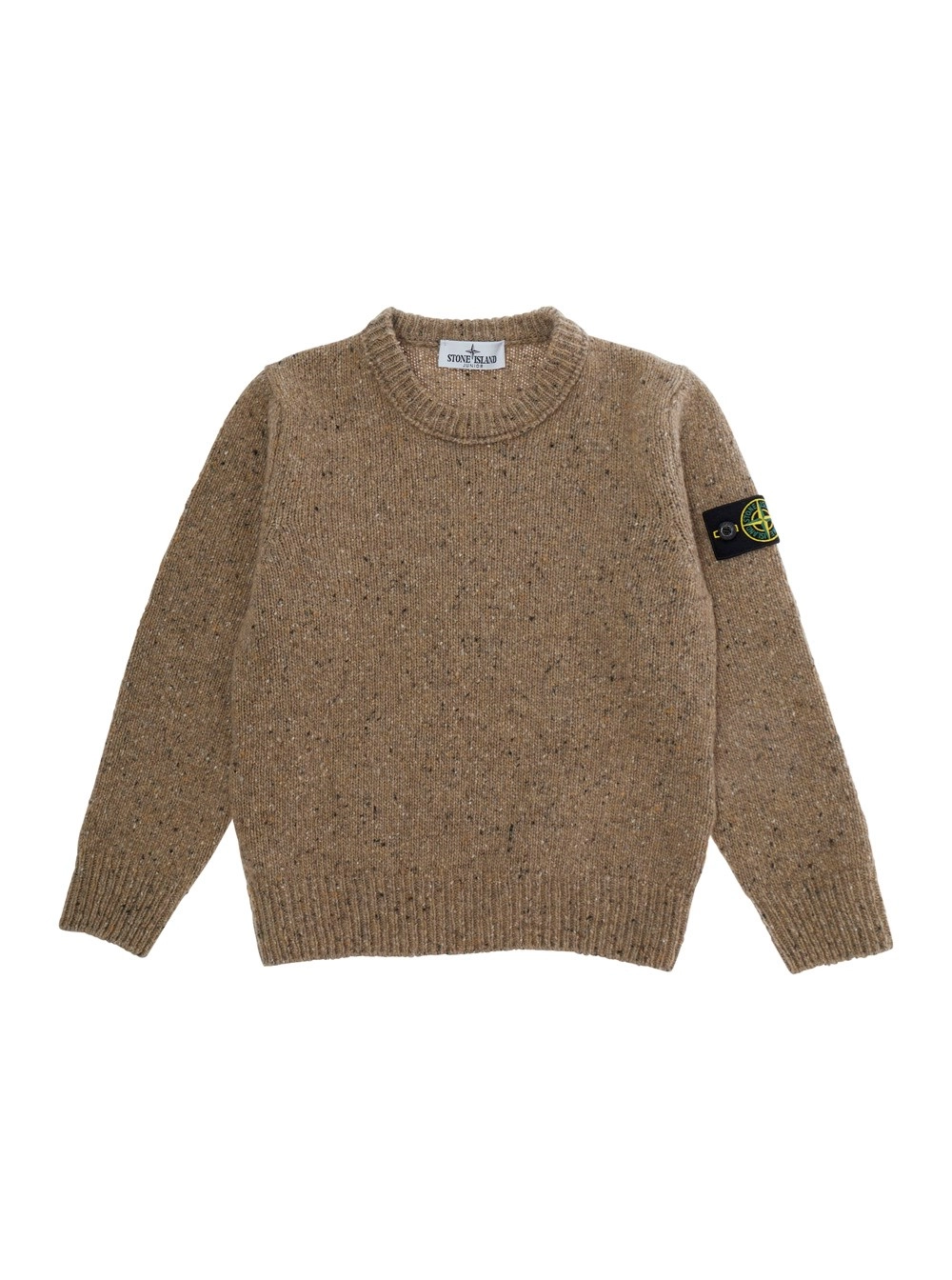 Stone island kids Maglione girocollo con patch logo sulla manica e rifiniture a coste in lana beige bambino