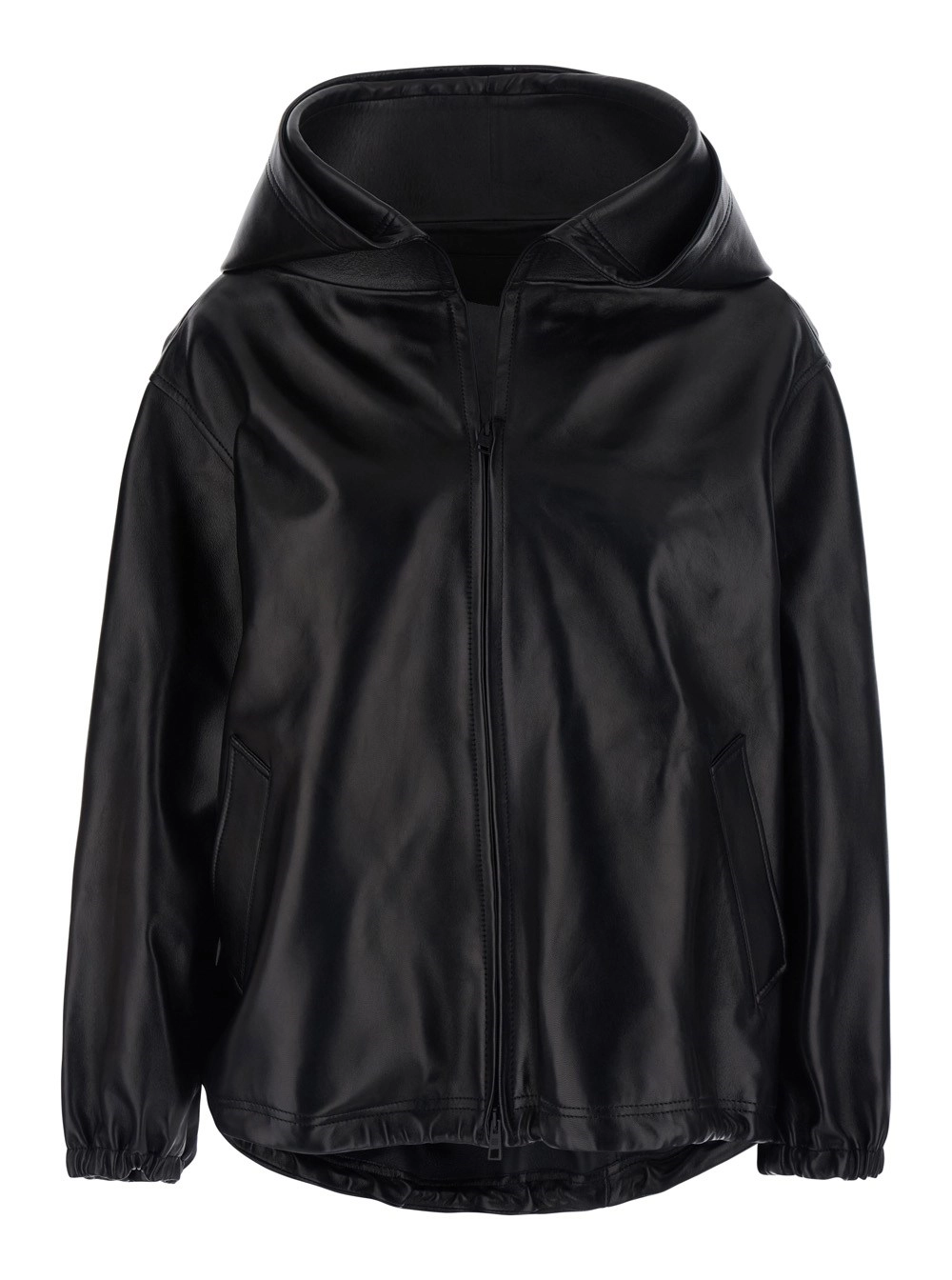 Balenciaga Giubbotto con cappuccio con coulisse e spalle scese in pelle nero donna