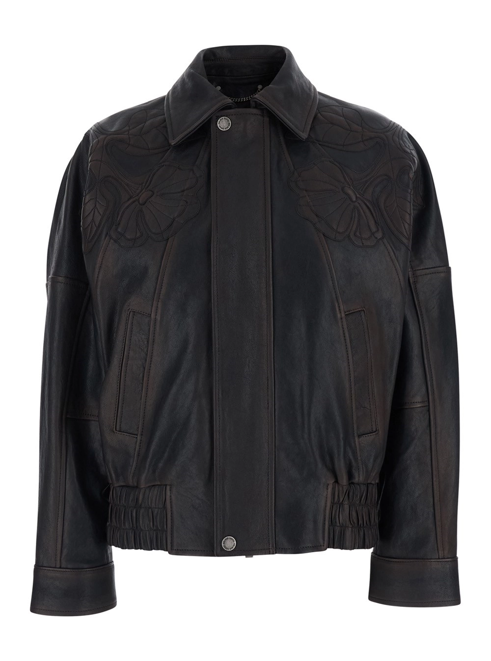 Golden Goose Giubbotto 'Journey' con Colletto Classico e Ricamo Floreale All-Over in Pelle Marrone Donna
