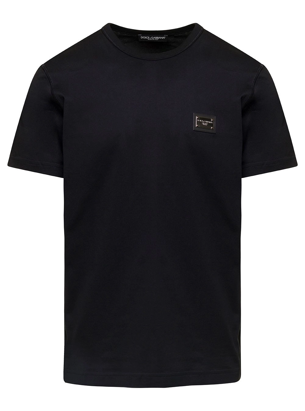 Dolce & Gabbana T-Shirt Nera con Targhetta Logo sul Fronte in Cotone Uomo