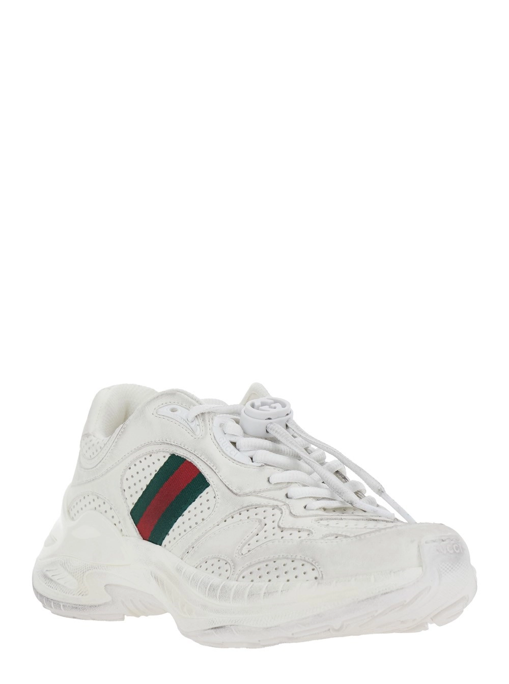 Gucci Sneaker Low Top con Design Traforato e Dettaglio Web sul Lato in Pelle Bianca Donna, view 2