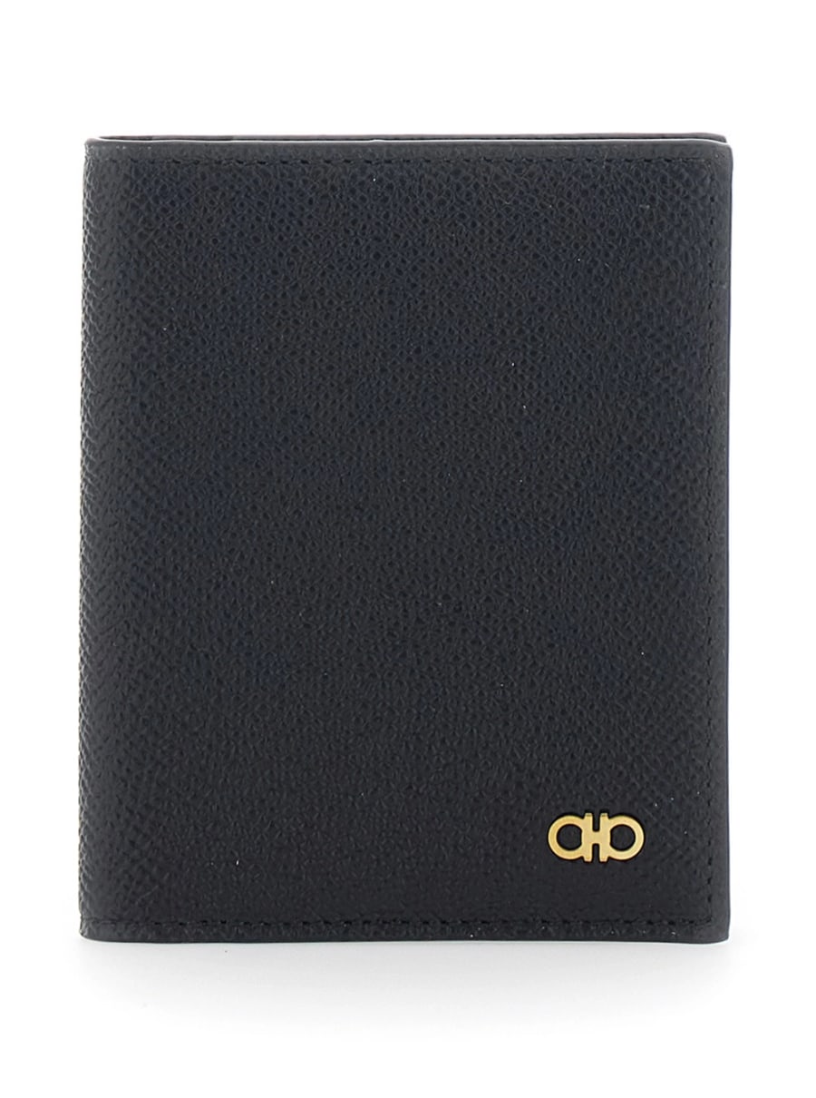 Ferragamo Portacarte Bi-Fold 'Micro Gancini' con Logo in Pelle Martellata nero Uomo