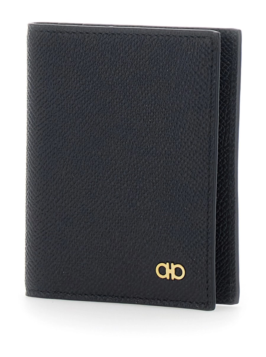 Ferragamo Portacarte Bi-Fold 'Micro Gancini' con Logo in Pelle Martellata nero Uomo, view 2