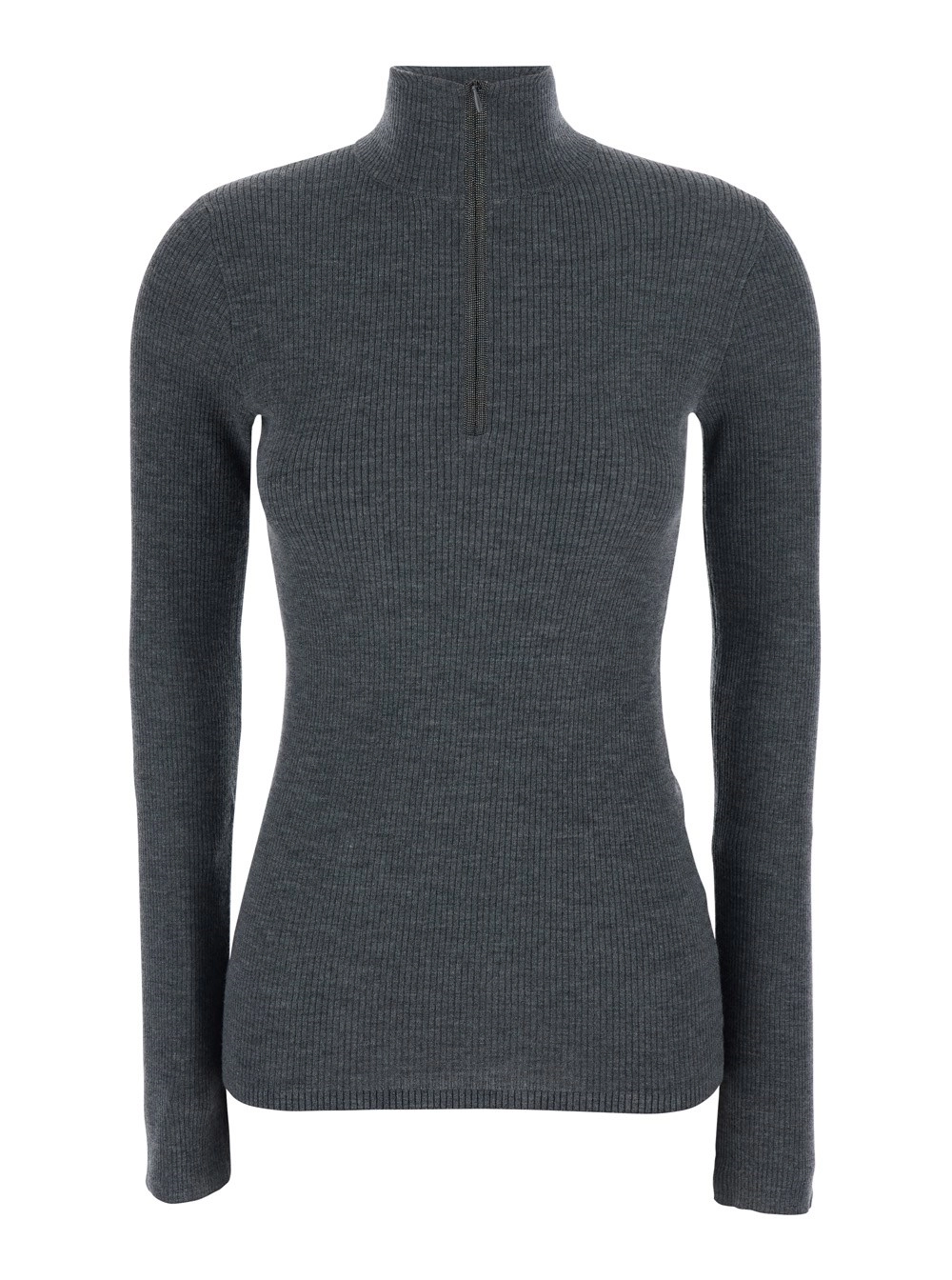 Brunello Cucinelli Maglione a Collo Alto con Mezza Zip sul Fronte in Lana e Cashmere Grigio Donna