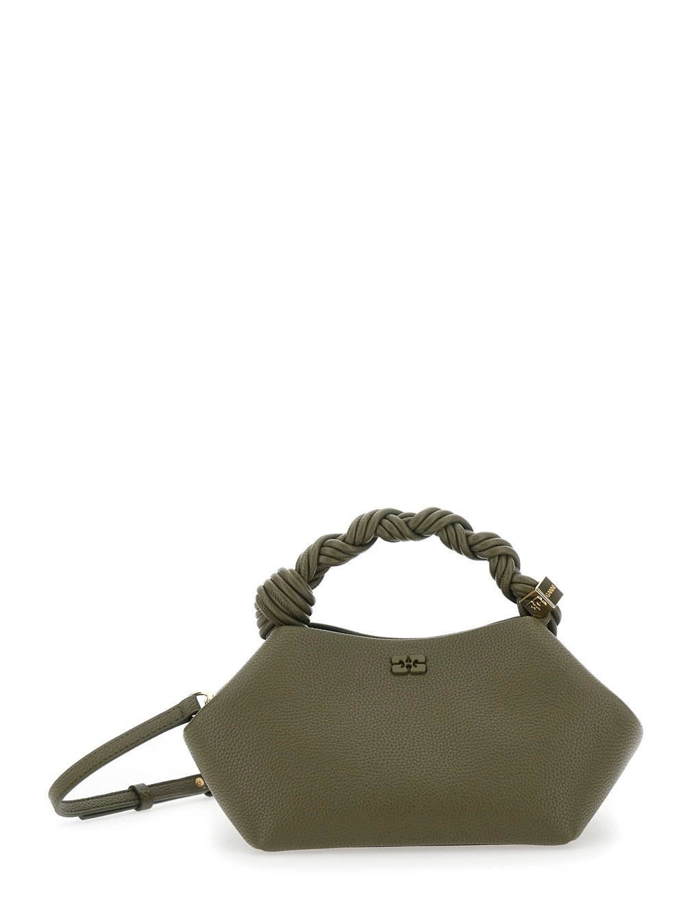 Ganni Borsa a Mano 'Bou Piccola' con Manico Intrecciato e Tracolla Regolabile e Removibile in pelle martellata verde Donna