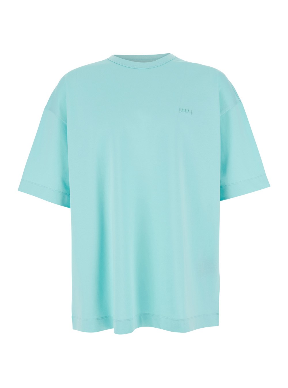 Juun.j T-Shirt con Logo Ricamato sul Fronte e Stampa sul Retro in Cotone Azzurra Uomo