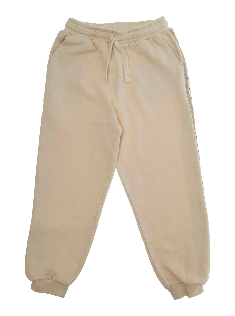 Morning mess therapy kids Pantalone 'Gio' con Vita Elasticizzata con Coulisse e Ricamo sul Lato in Cotone Bianco Bambina