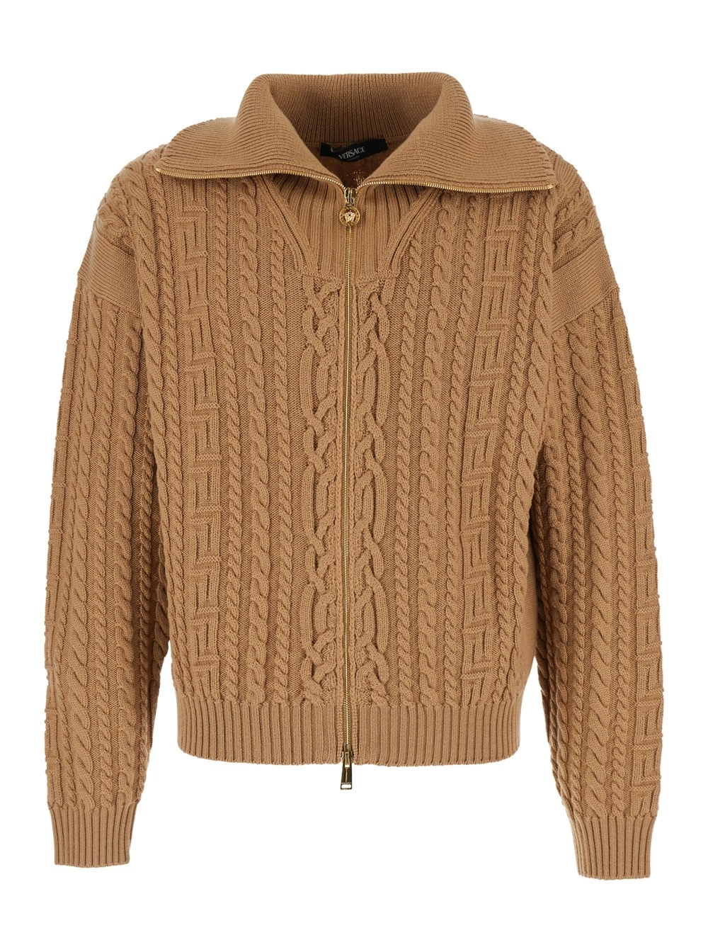 Versace Maglione a Collo Alto con Zip e Medusa Head Ricamata sul Retro in Lana Beige Uomo
