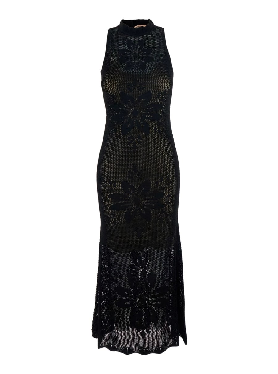 Twinset Abito lungo girocollo smanicato con chiusura a goccia sul retro e ricamo all-over in misto viscosa nero donna