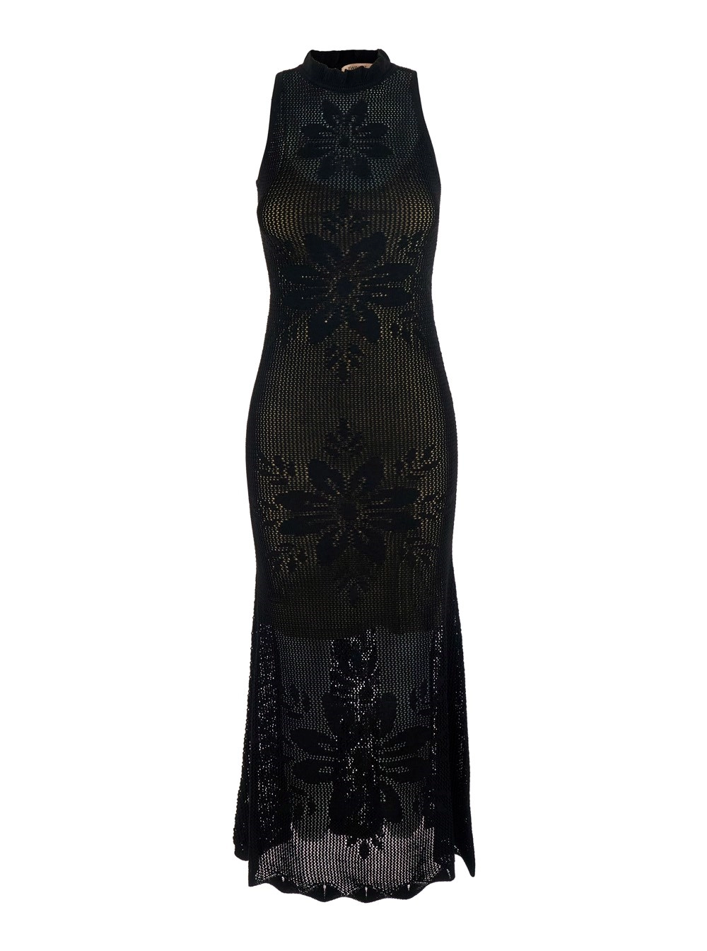 Twinset Abito lungo girocollo smanicato con chiusura a goccia sul retro e ricamo all-over in misto viscosa nero donna