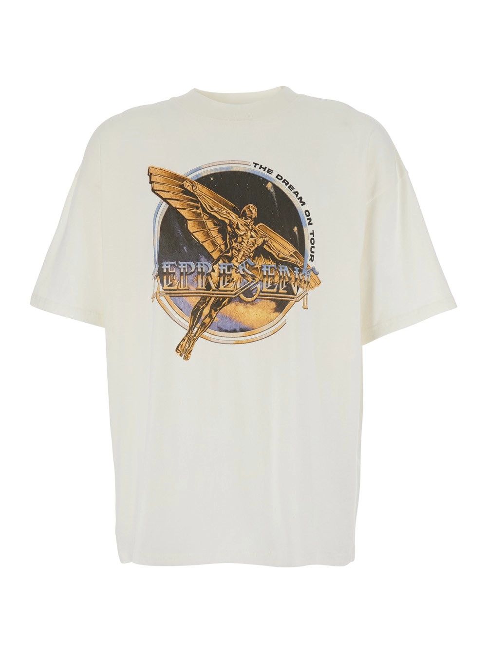 Represent T-Shirt Bianca con Stampa Grafica su Fronte e sul Retro in Cotone Uomo