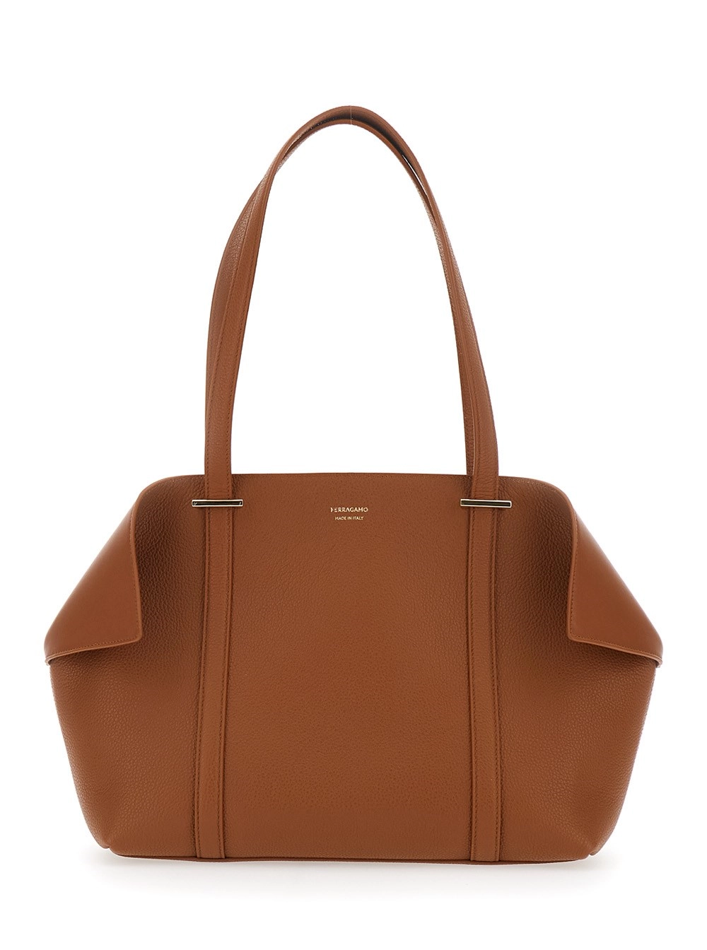 Ferragamo Borsa Shopping con Fianchi Ripiegati e Logo Lettering sul Fronte in Pelle Marrone Donna