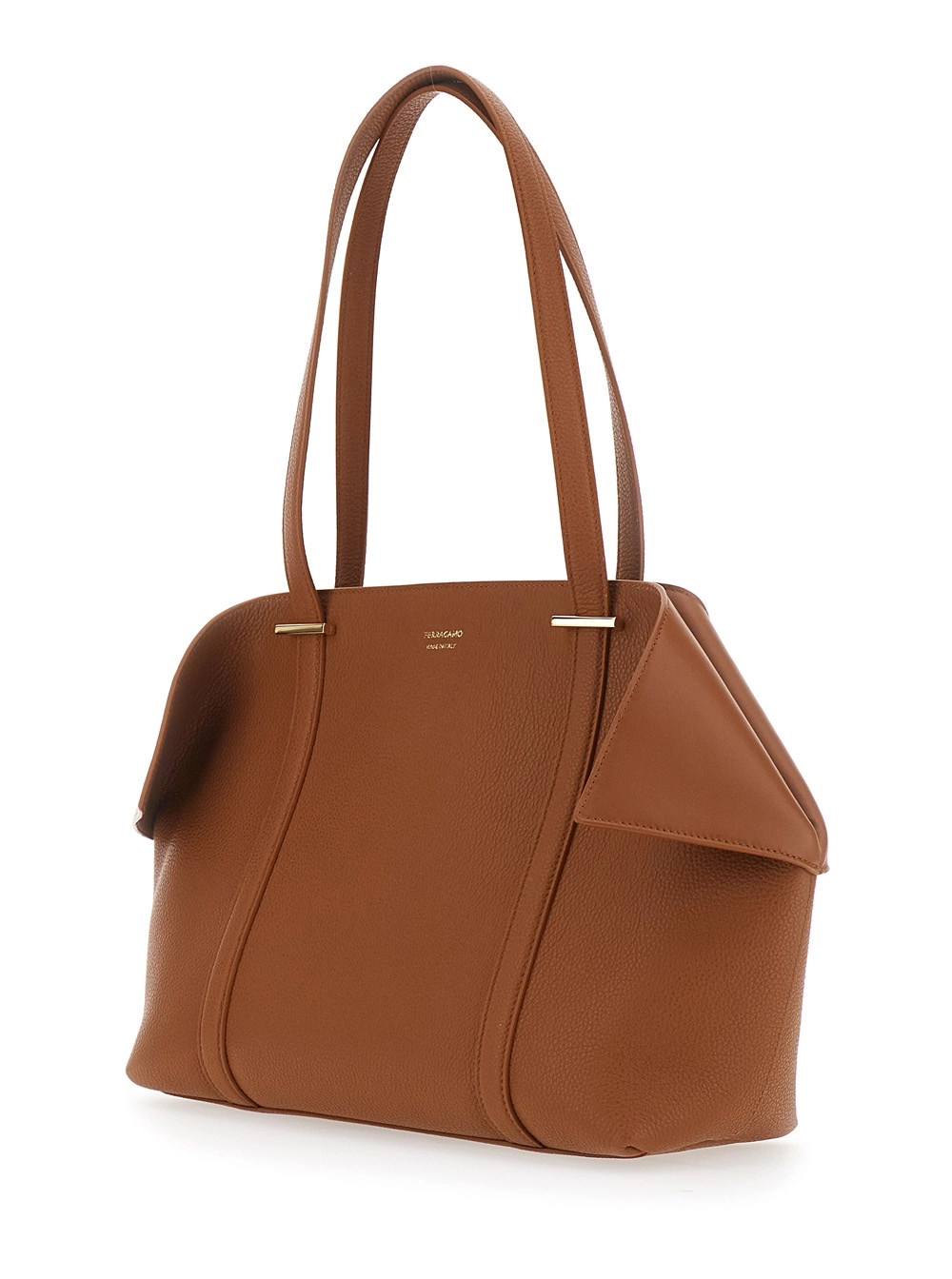 Ferragamo Borsa Shopping con Fianchi Ripiegati e Logo Lettering sul Fronte in Pelle Marrone Donna, view 2