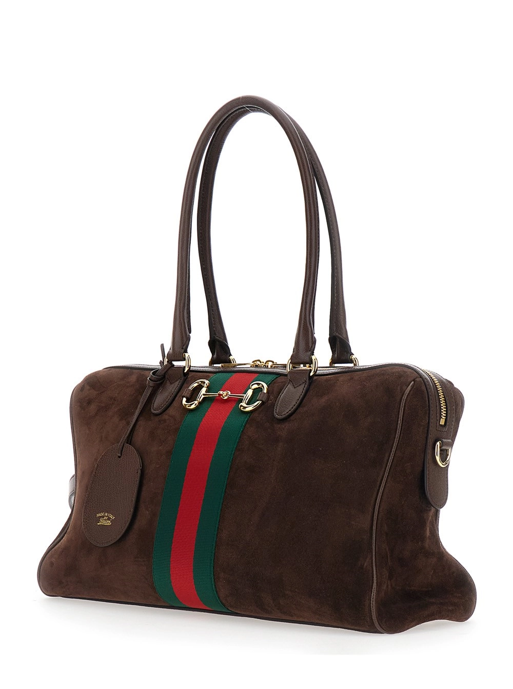 Gucci Borsa a Spalla con Dettaglio Web sul Fronte e Placca Morsetto in Pelle Scamosciata Marrone Donna, view 2