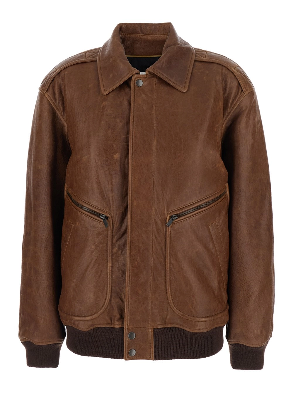 Saint Laurent Giubbotto bomber con colletto classico in pelle marrone donna