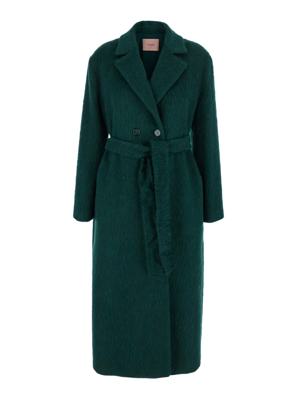 Twinset Cappotto Doppiopetto con Revers Classici e Cintura sul Fronte in Misto Lana Verde Donna