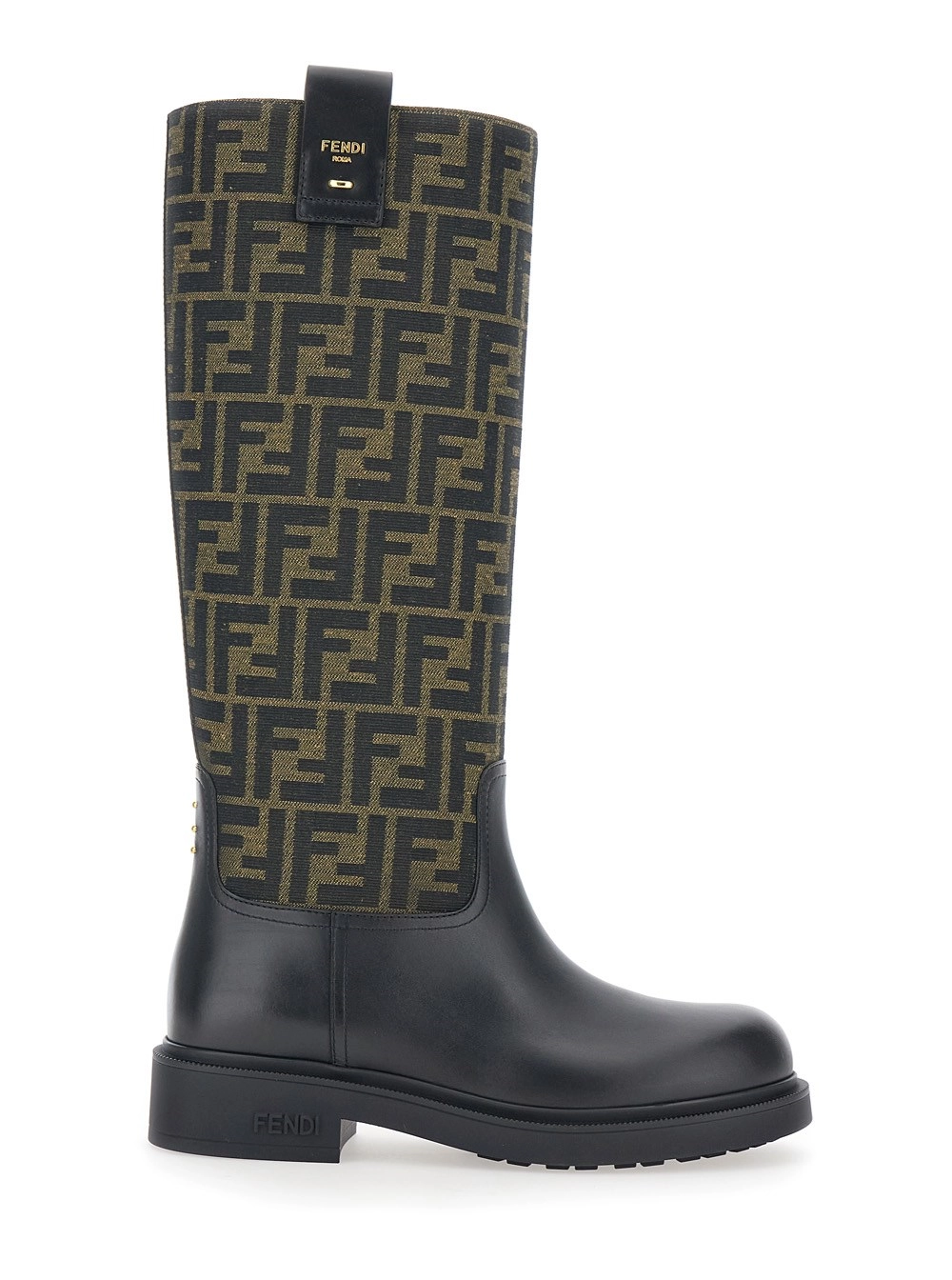 Fendi Stivali con Motivo FF All-Over e Logo Lettering Laterale in Misto Pelle e Tessuto Neri Donna