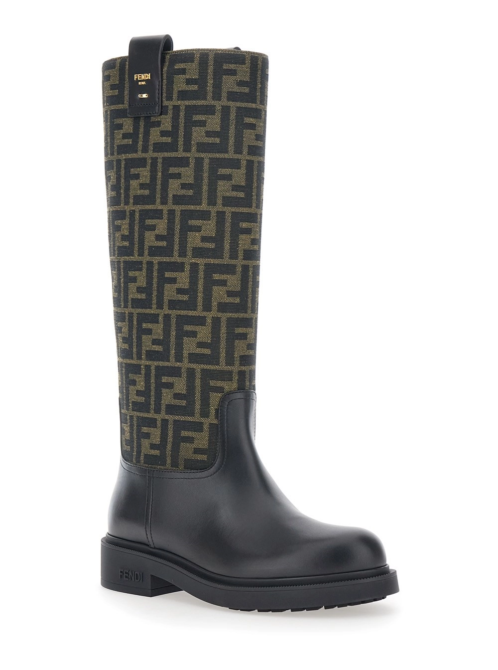 Fendi Stivali con Motivo FF All-Over e Logo Lettering Laterale in Misto Pelle e Tessuto Neri Donna, view 2