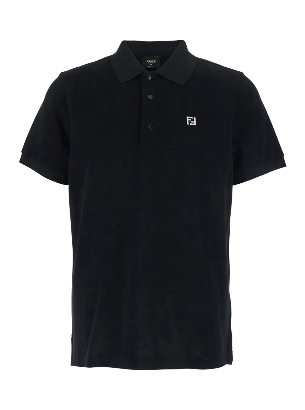 Fendi Polo con Logo FF Metallico sul Fronte in Piquet di Cotone Nera Uomo