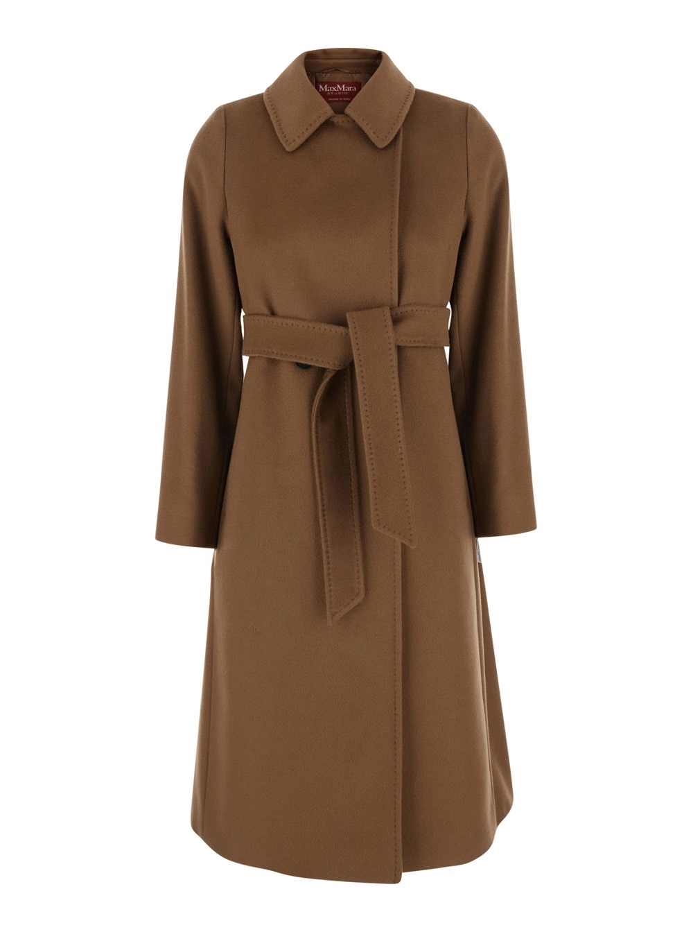 Max Mara Studio Cappotto con collo a camicia e cintura in vita in lana marrone donna