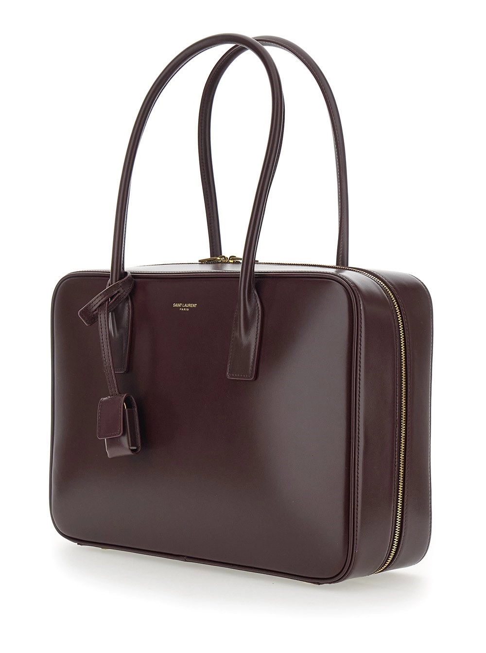 Saint Laurent Borsa a Spalla con Logo Lettering sul Fronte e Dettaglio Portachiavi in Pelle Bordeaux Donna, view 2