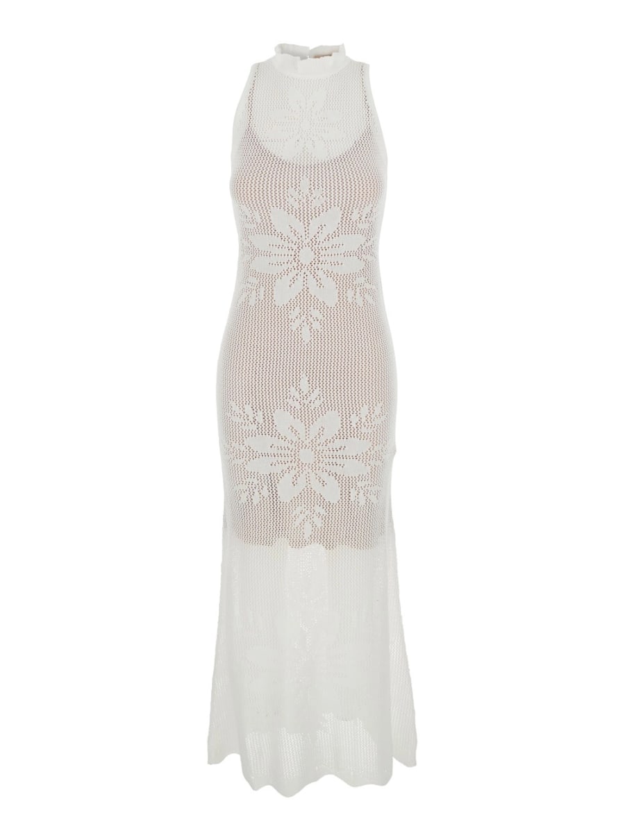 Twinset Abito lungo girocollo smanicato con chiusura a goccia sul retro e ricamo floreale all-over in misto viscosa bianco donna
