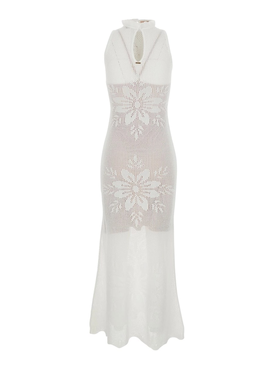 Twinset Abito lungo girocollo smanicato con chiusura a goccia sul retro e ricamo floreale all-over in misto viscosa bianco donna, view 2