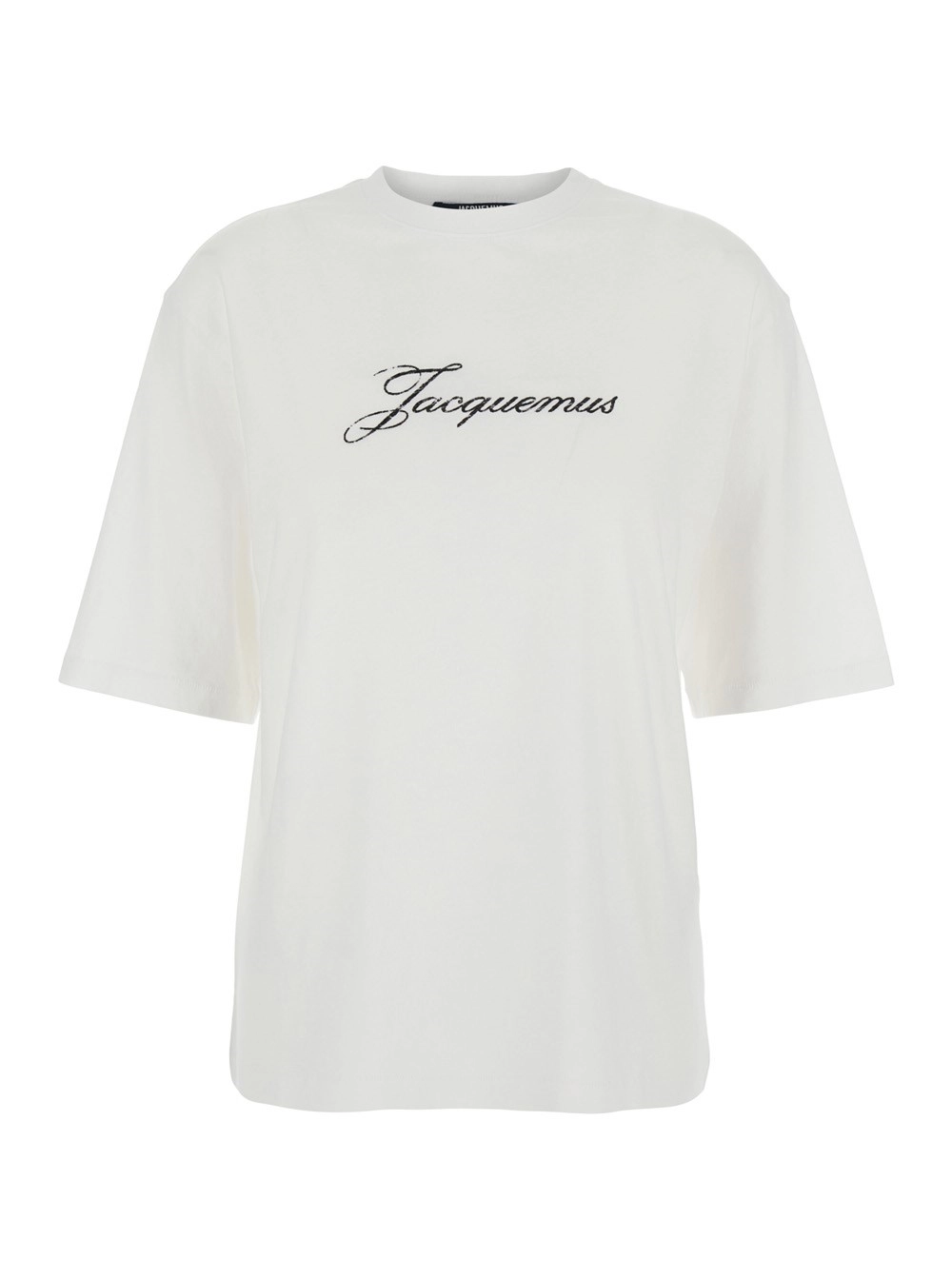 Jacquemus T-Shirt Bianco con Scollo Rotondo e Logo sul Fronte in Cotone Donna