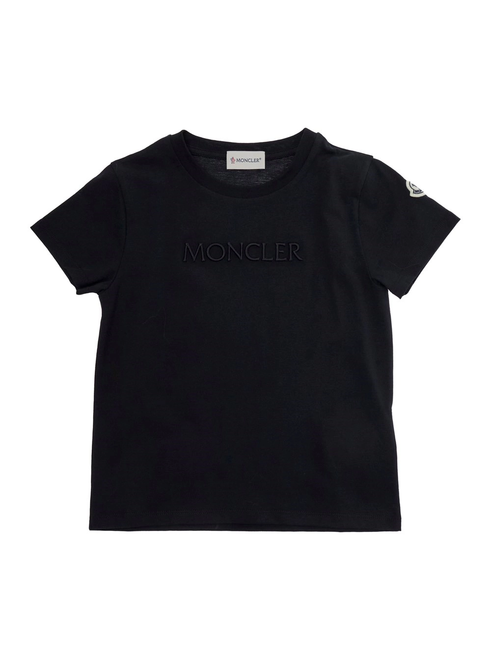 Moncler kids T-Shirt Girocollo con Logo Lettering sul Fronte e Patch Logo sulla Manica in Cotone Nera Bambina