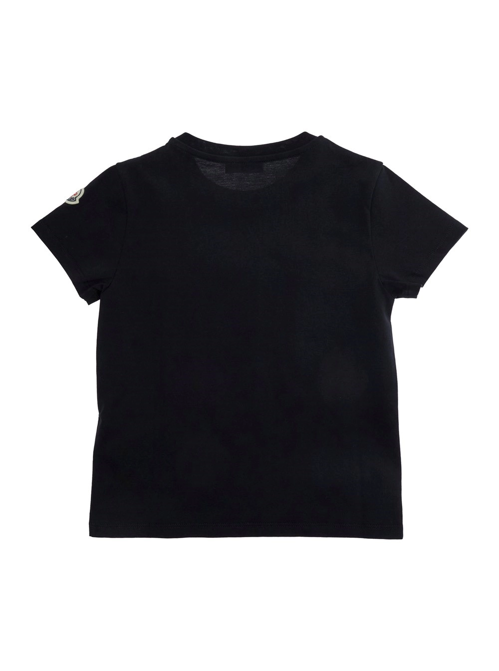 Moncler kids T-Shirt Girocollo con Logo Lettering sul Fronte e Patch Logo sulla Manica in Cotone Nera Bambina, view 2