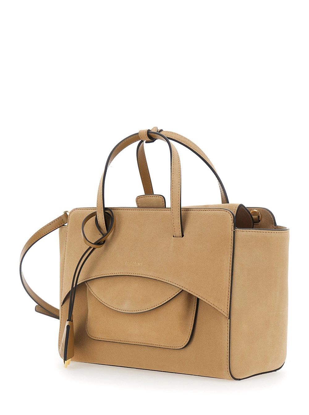 Hidesins Borsa a Mano Media con Tracolla Regolabile e Tasca sul Fronte in Pelle Scamosciata Beige Donna, view 2