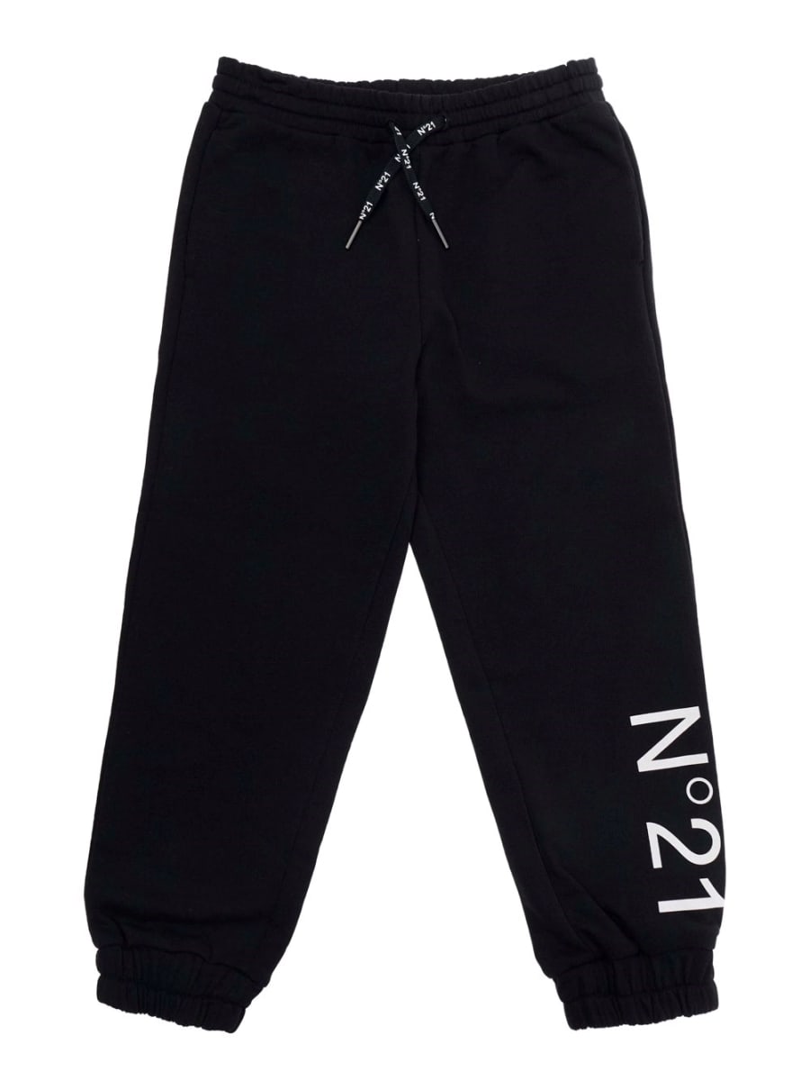 N°21 kids Pantalone con Vita Elasticizzata con Coulisse e Maxi Logo sul Fronte in Cotone Nero Bambino
