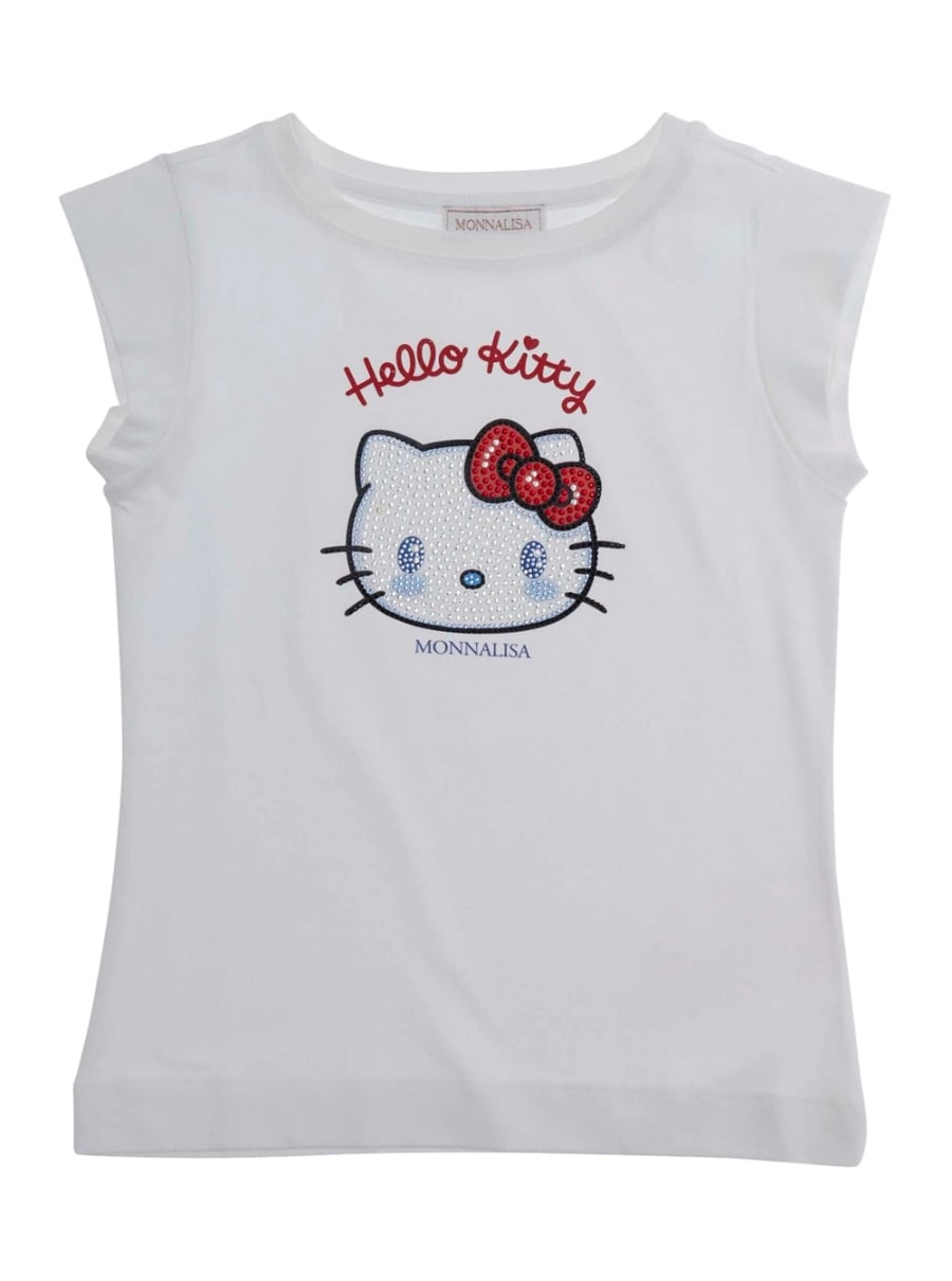 Monnalisa kids T-Shirt 'Hello Kitty' Girocollo con Decorazione con Strass e Stampa sul Fronte in Cotone Bianco Bambina