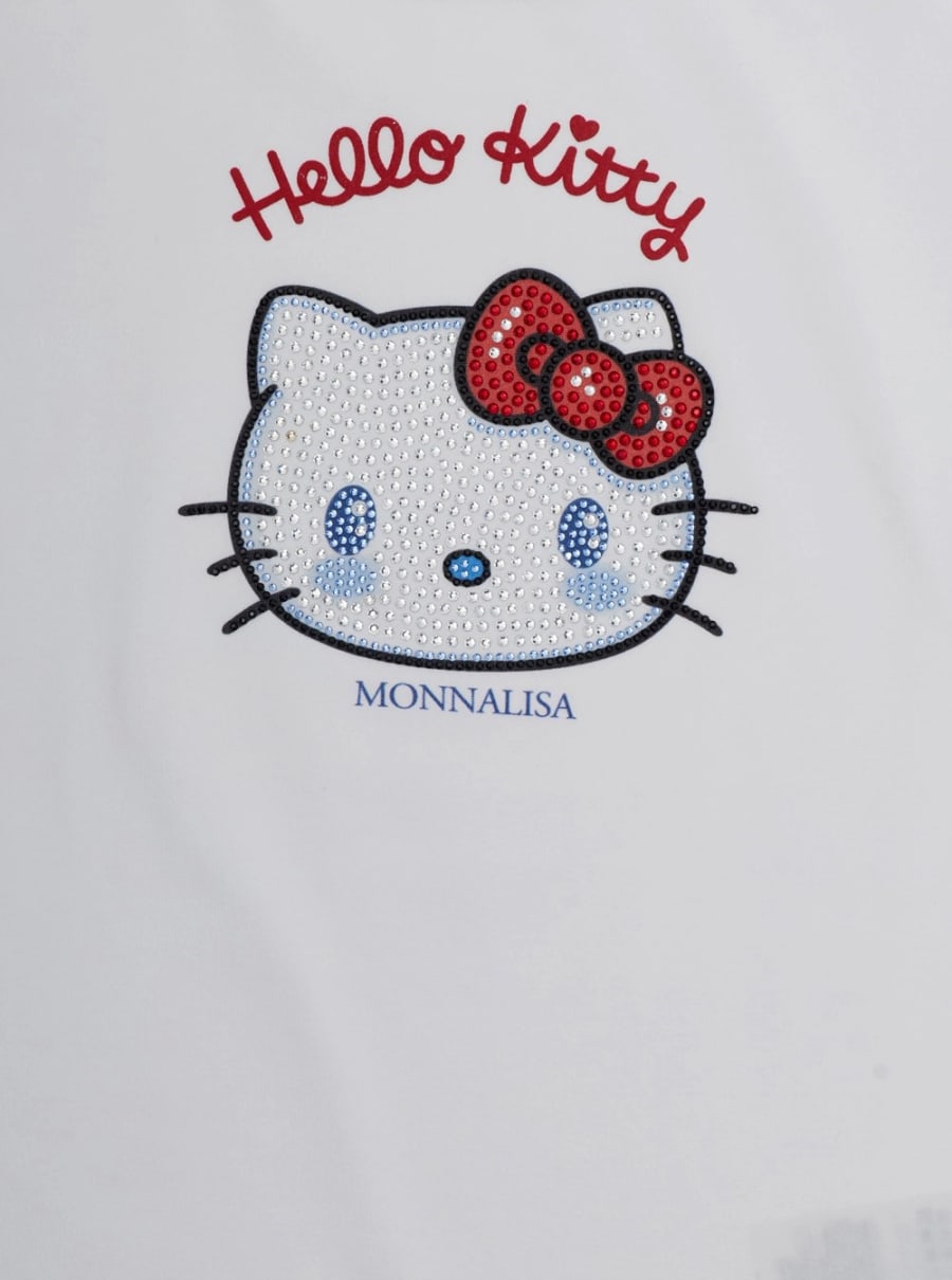 Monnalisa kids T-Shirt 'Hello Kitty' Girocollo con Decorazione con Strass e Stampa sul Fronte in Cotone Bianco Bambina, view 3