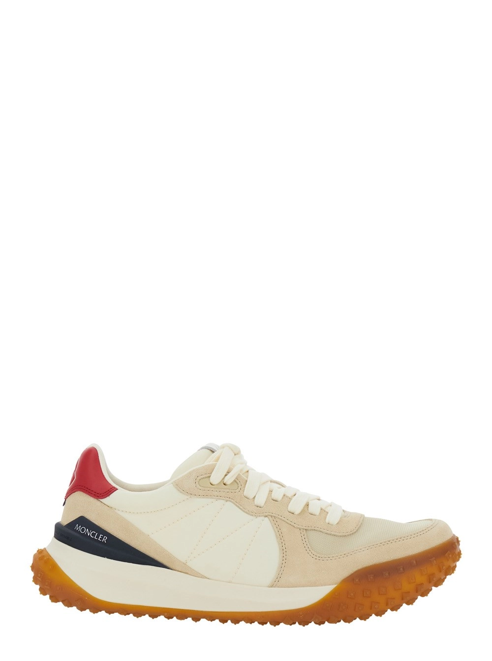 Moncler Sneakers Low Top con Patch Logo sul Retro e Design a Inserti in Pelle e Tessuto Beige Uomo