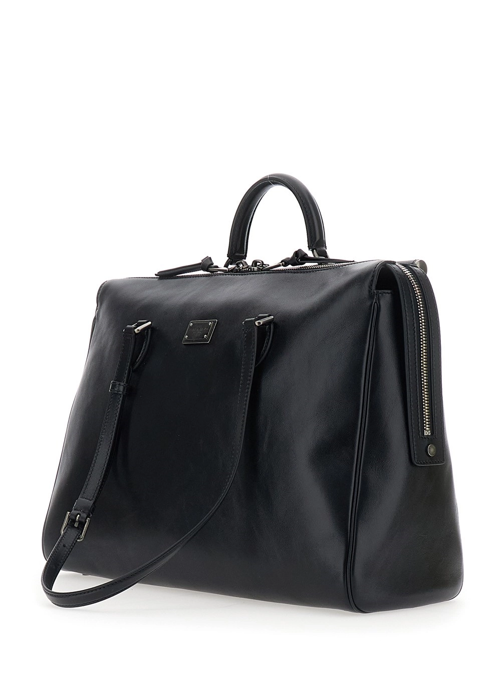 Dolce & Gabbana Borsa a Spalla 'Vittoria' con Placca Logo sul Fronte e Due Tracolle in Pelle Nera Uomo