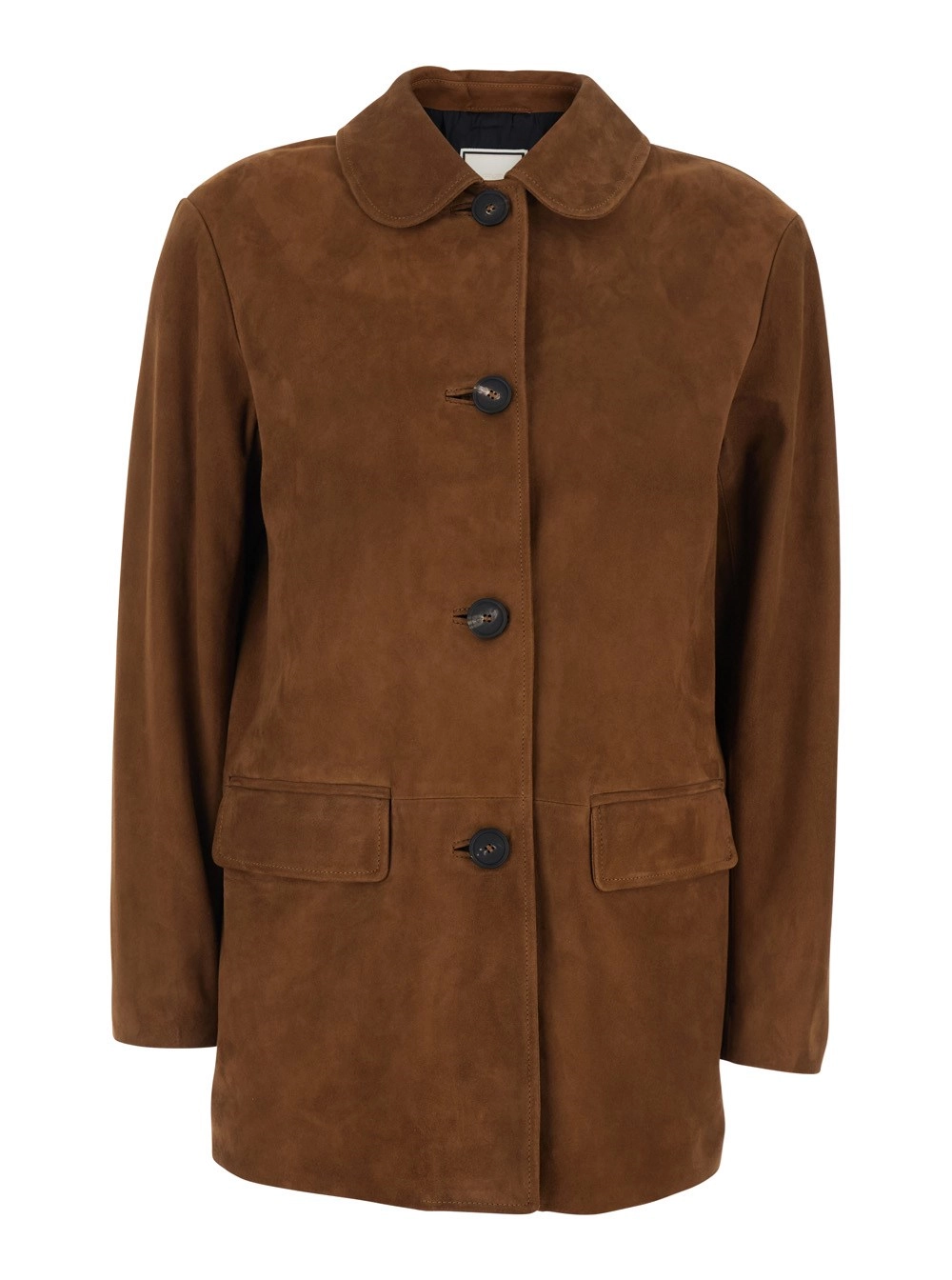Tagliatore Giacca con Colletto Classico e Due Tasche con Patta sul Fronte in Pelle Scamosciata Marrone Donna