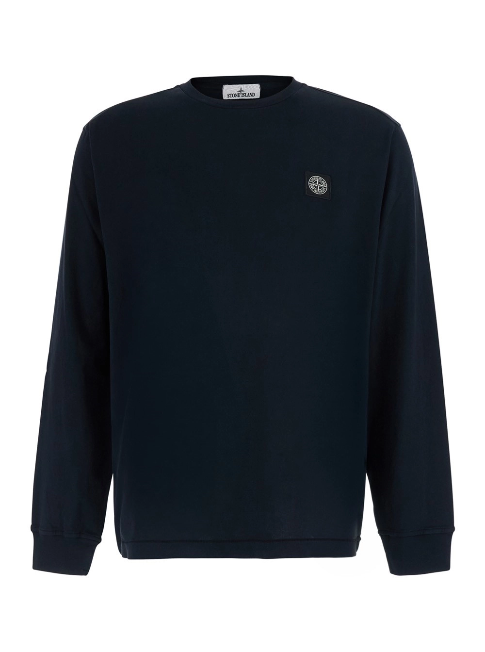 Stone Island Tshirt girocollo con patch logo sul fronte in cotone blu uomo