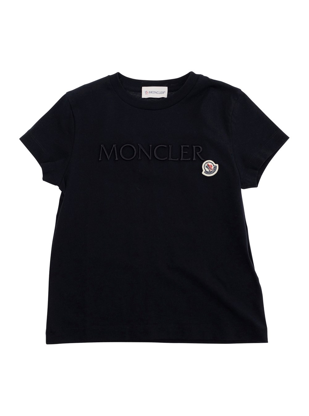Moncler kids T-Shirt Girocollo con Ricamo Logo Lettering sul Fronte e Patch Logo sul Fronte in Cotone Nera Bambina