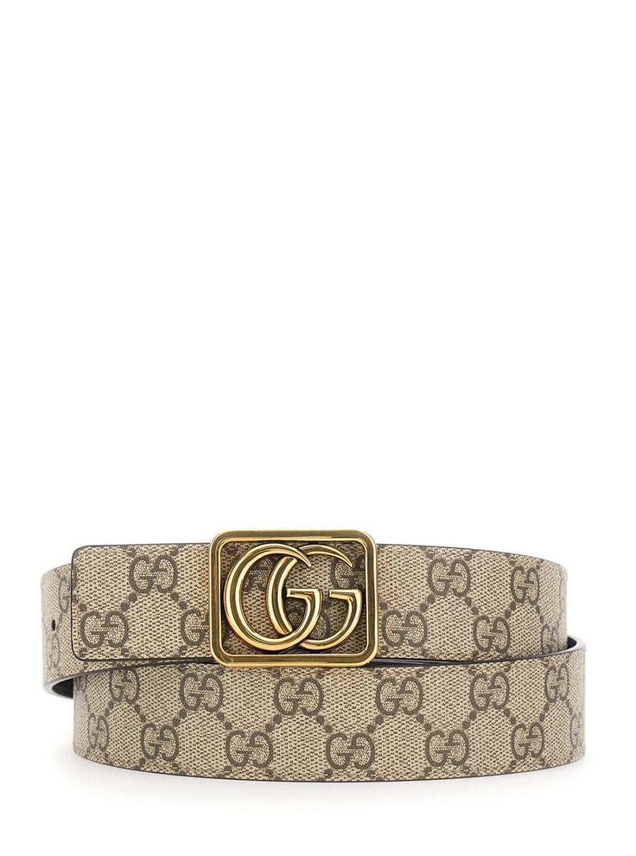 Gucci Cintura Reversibile 'GG Marmont' con Fibbia GG sul Fronte in Tessuto GG Supreme e Pelle Beige Uomo