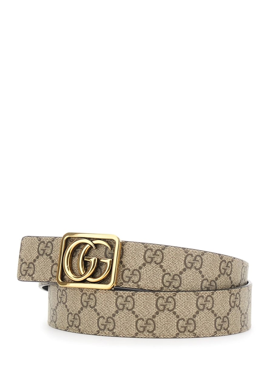 Gucci Cintura Reversibile 'GG Marmont' con Fibbia GG sul Fronte in Tessuto GG Supreme e Pelle Beige Uomo, view 2