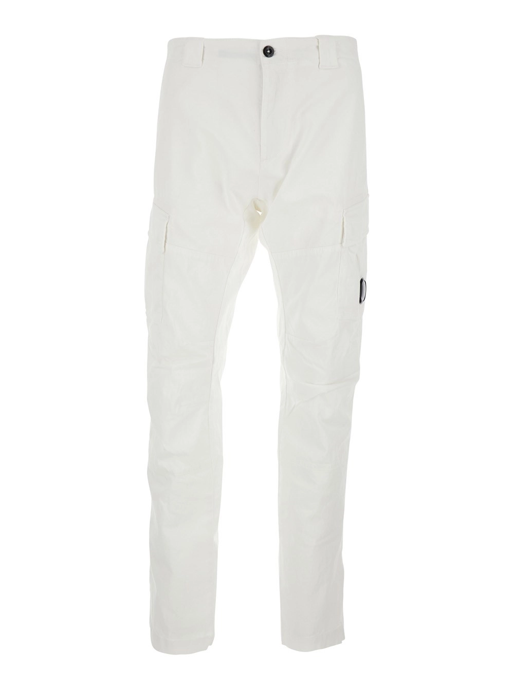 C.P. Company Pantalone Cargo con Placca Logo sul Lato e Due Tasche Cargo sul Fronte in Cotone Stretch Bianco Uomo