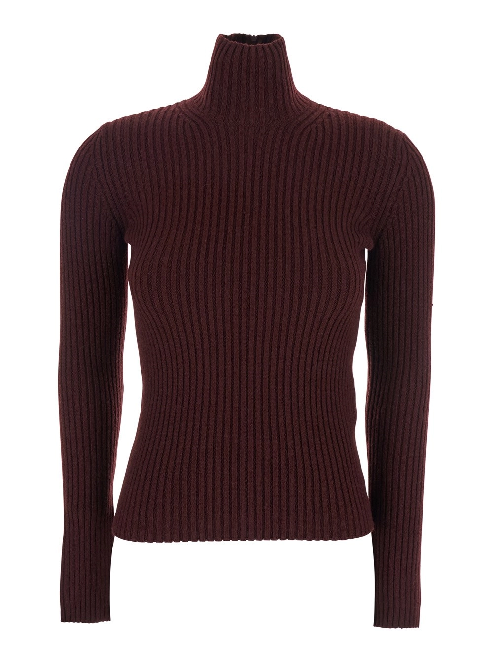 Max Mara Maglia a Collo Alto con Design a Coste in Misto Lana Bordeaux Donna