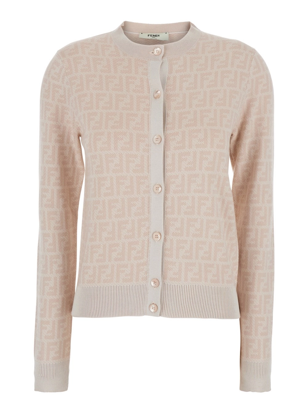 Fendi Cardigan Girocollo con Motivo FF All-Over in Lana Rosa Donna