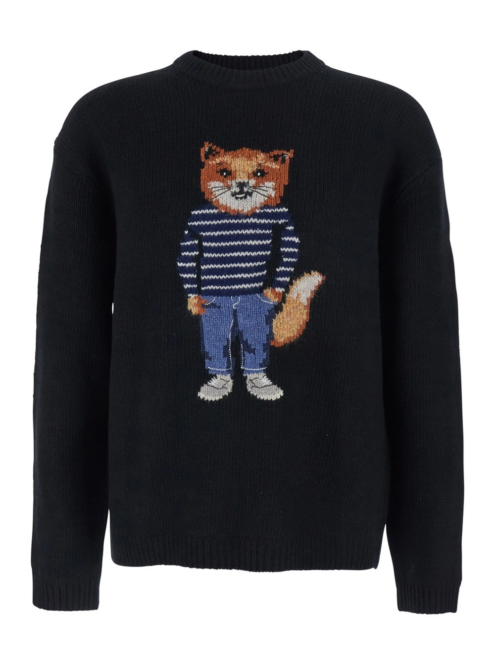 Maison kitsuné Maglione Girocollo con Ricamo Logo sul Fronte in Misto Lana Nero Uomo