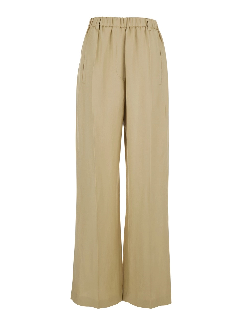 Tela Pantaloni Beige con Vita Elasticizzata in Misto Lino Donna
