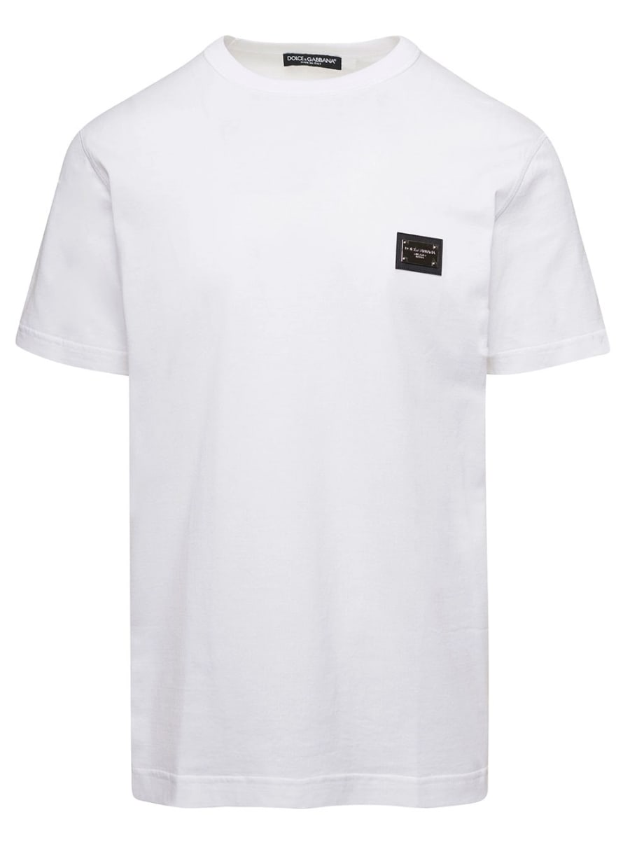 Dolce & Gabbana T-Shirt Girocollo 'Logo' Bianca con Targa in Cotone Uomo