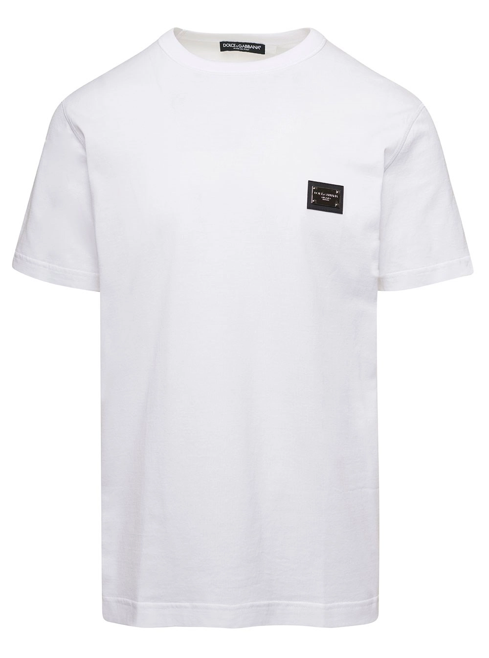 Dolce & Gabbana T-Shirt Girocollo 'Logo' Bianca con Targa in Cotone Uomo