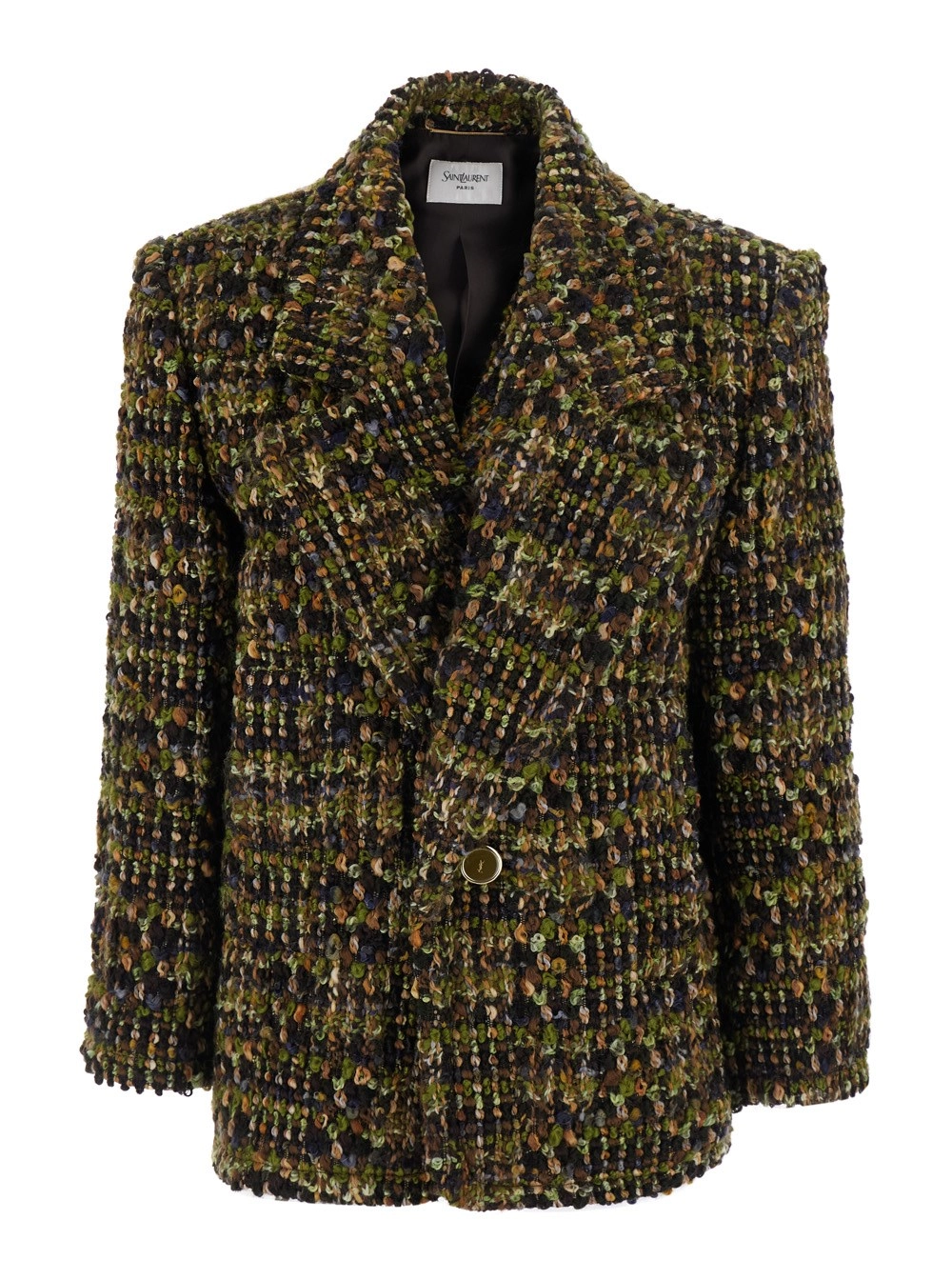 Saint Laurent Giacca Monopetto con revers classici e incisione Cassandre sul bottone in misto lana verde donna